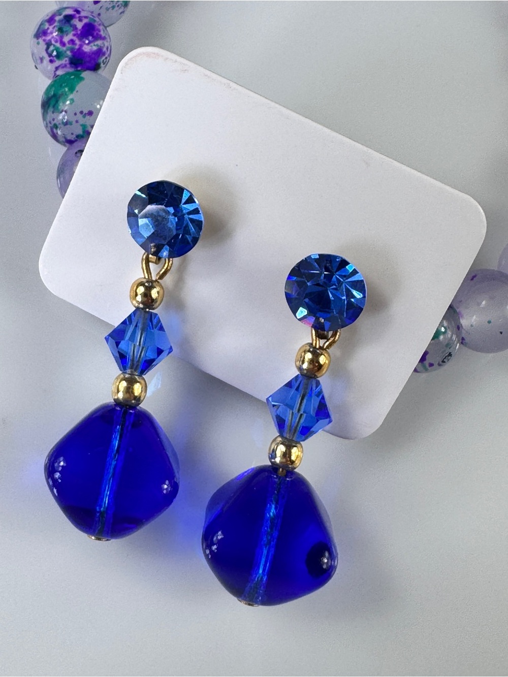 Vintage 1930’s Cobalt Blue Faceted Crystal Drop Earrings with Gold Accents